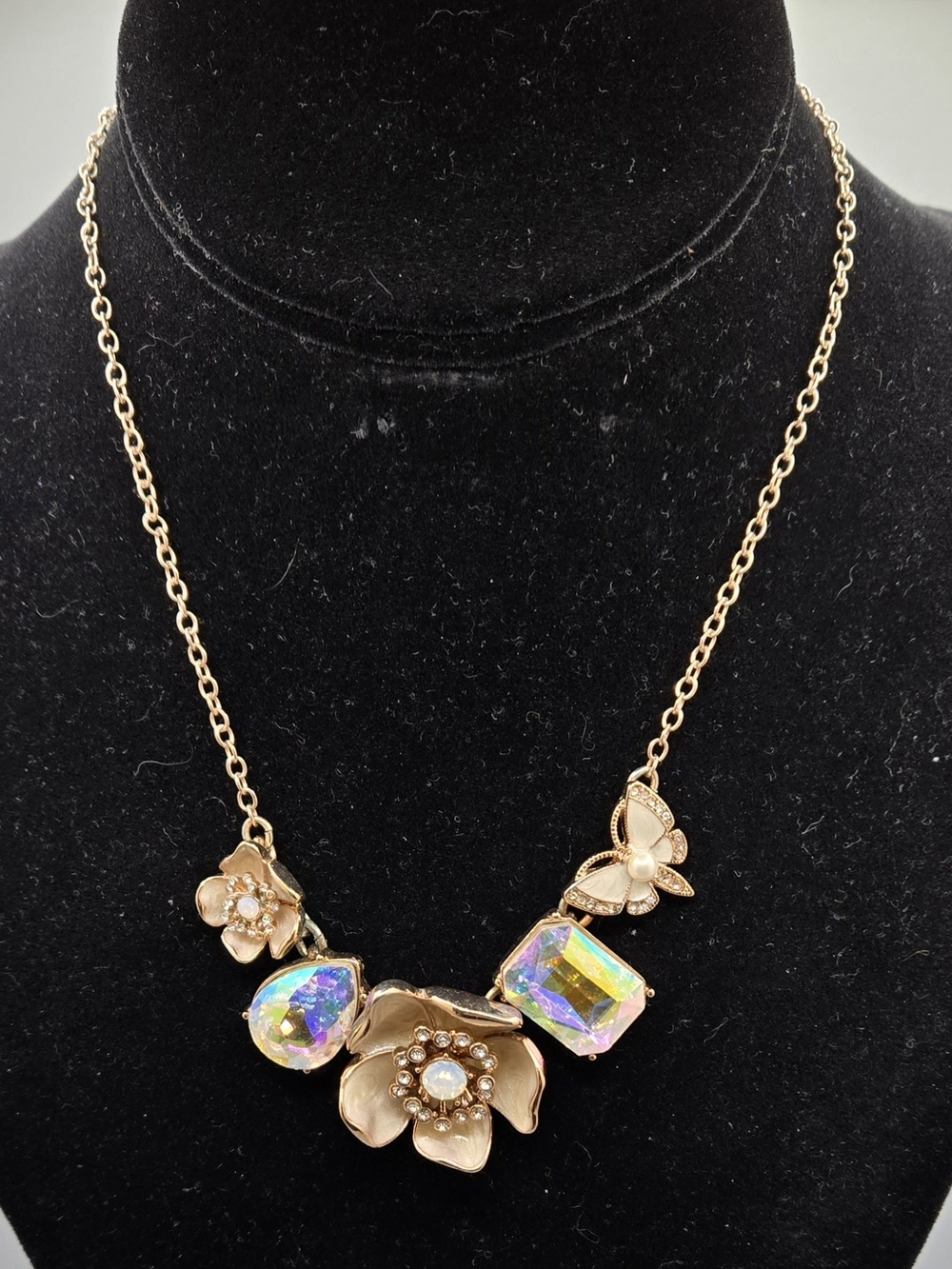 Betsey Johnson Necklace Gold Tone Flowers Butterfly 15" + 3" Extender